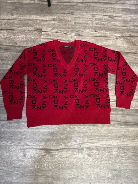 DKNY Red V-Neck Logo Knit Pullover - Picture 2 of 5